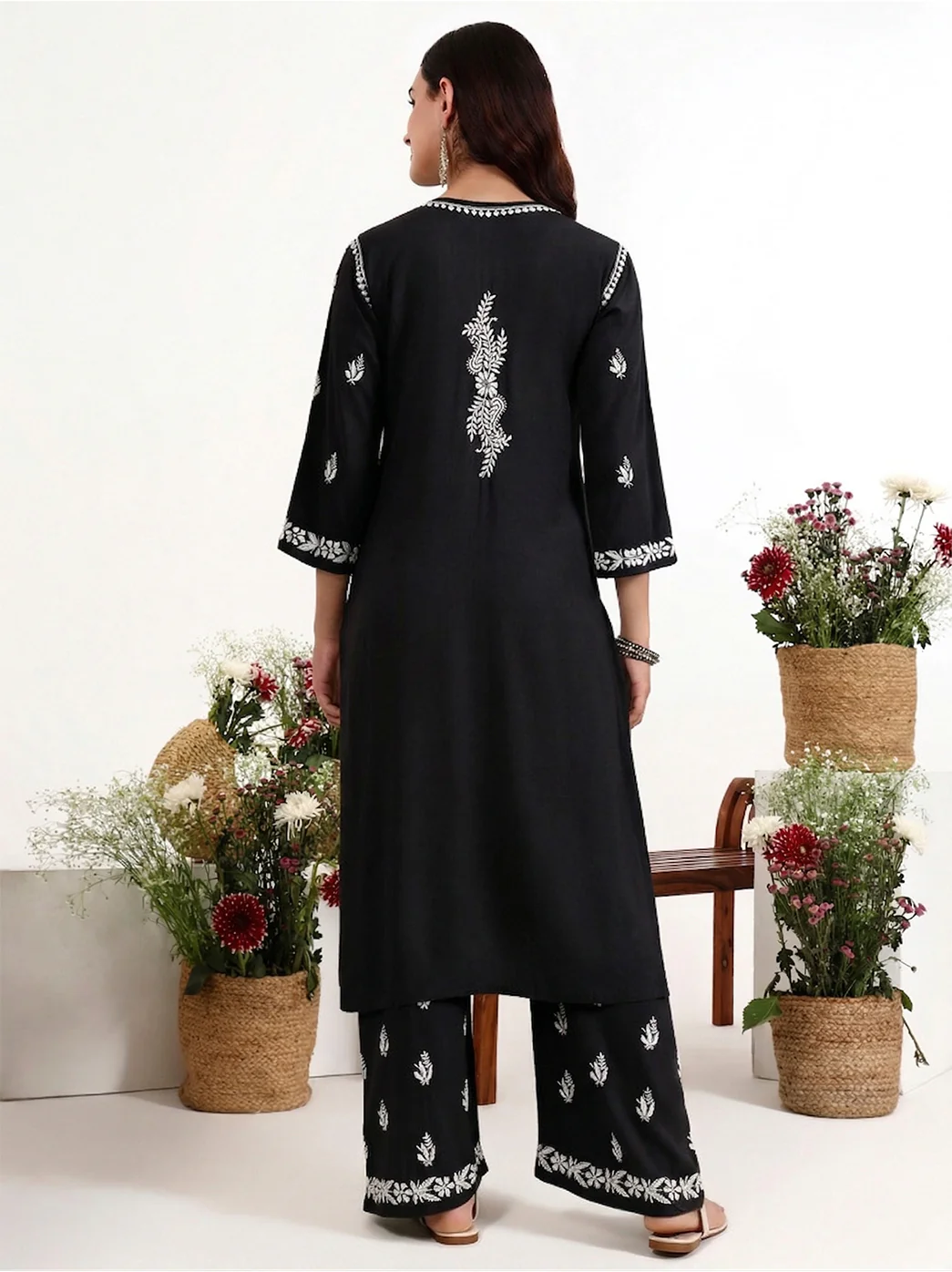 Arushi Rayon Chikankari Kurti Palazzo Set - Black - Image 3