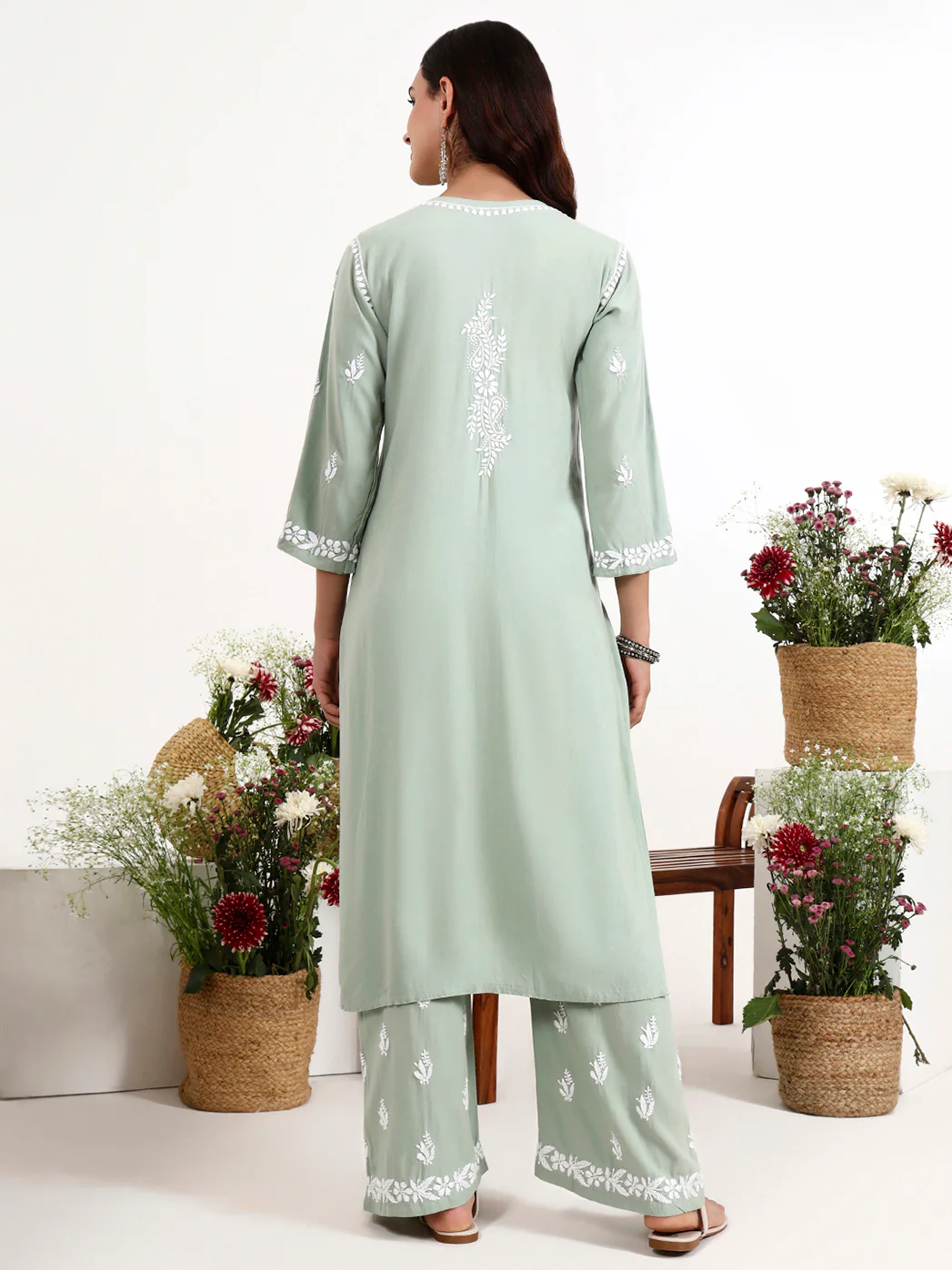 Arushi Rayon Chikankari Kurti Palazzo Set - Green - Image 3