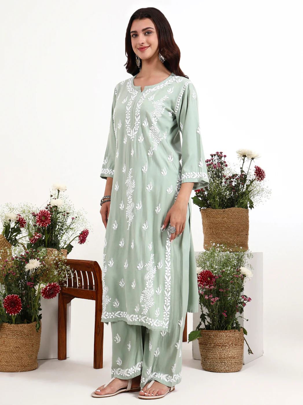 Arushi Rayon Chikankari Kurti Palazzo Set - Green - Image 4