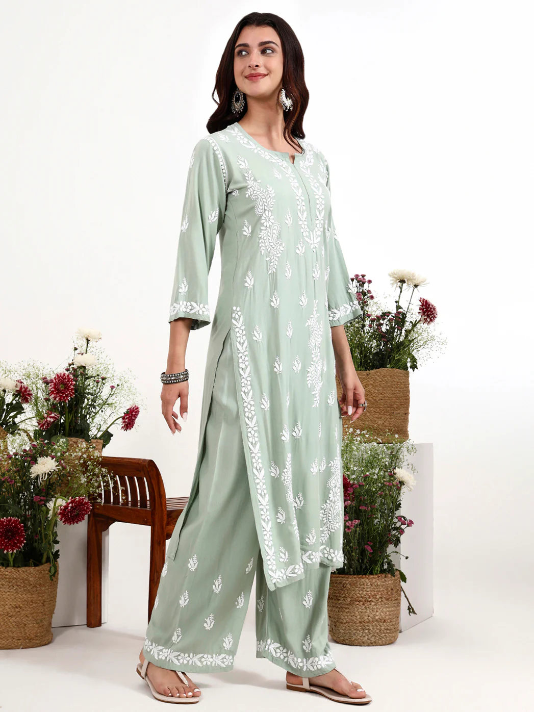 Arushi Rayon Chikankari Kurti Palazzo Set - Green - Image 5