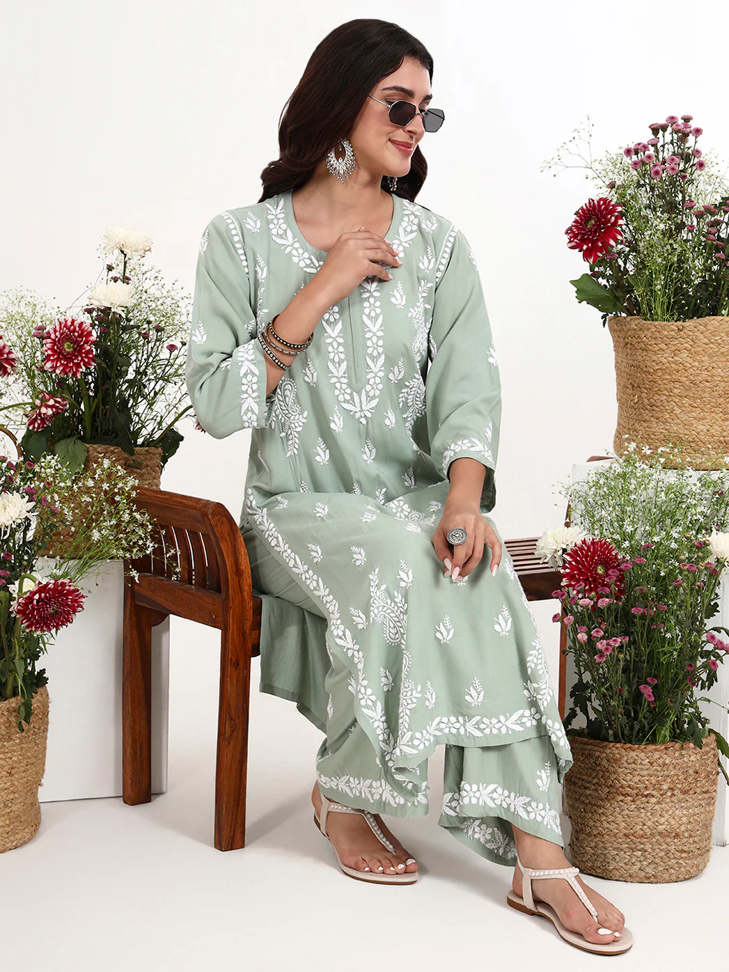 Arushi Rayon Chikankari Kurti Palazzo Set - Green - Image 6