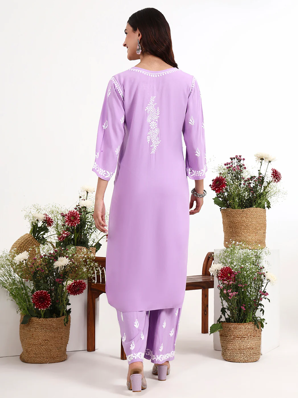 Arushi Rayon Chikankari Kurti Palazzo Set - Lavender - Image 3