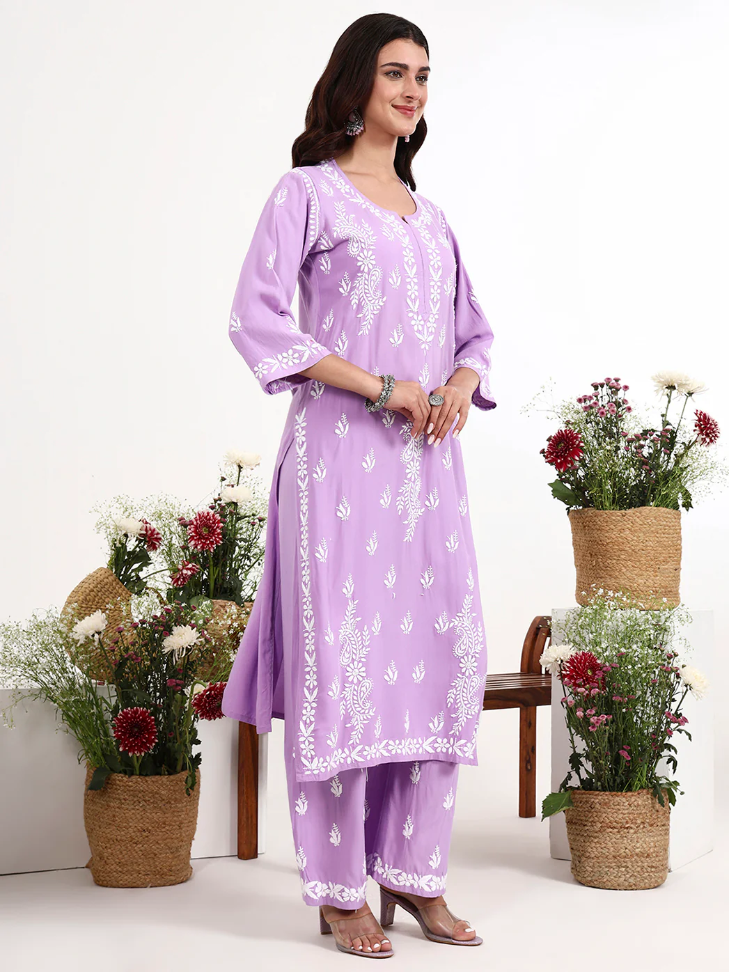 Arushi Rayon Chikankari Kurti Palazzo Set - Lavender - Image 4