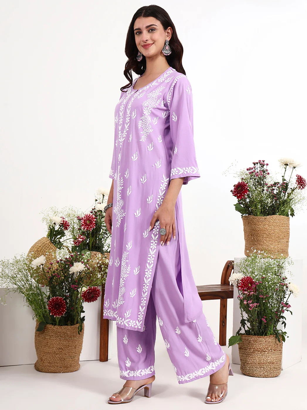 Arushi Rayon Chikankari Kurti Palazzo Set - Lavender - Image 5