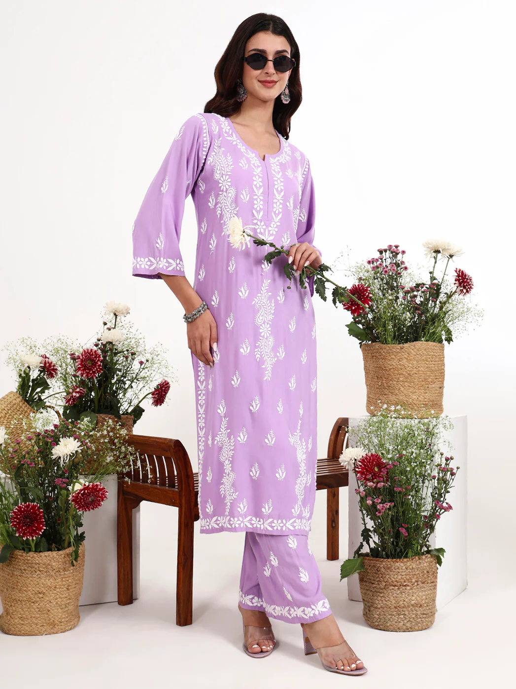 Arushi Rayon Chikankari Kurti Palazzo Set - Lavender - Image 6