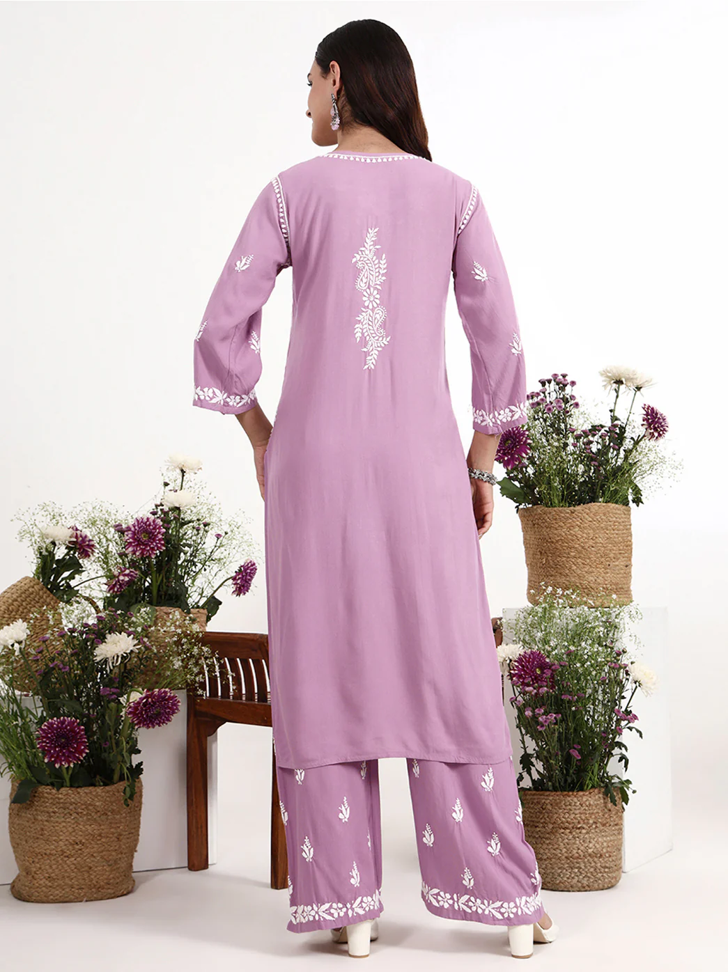 Arushi Rayon Chikankari Kurti Palazzo Set - Mauve - Image 3