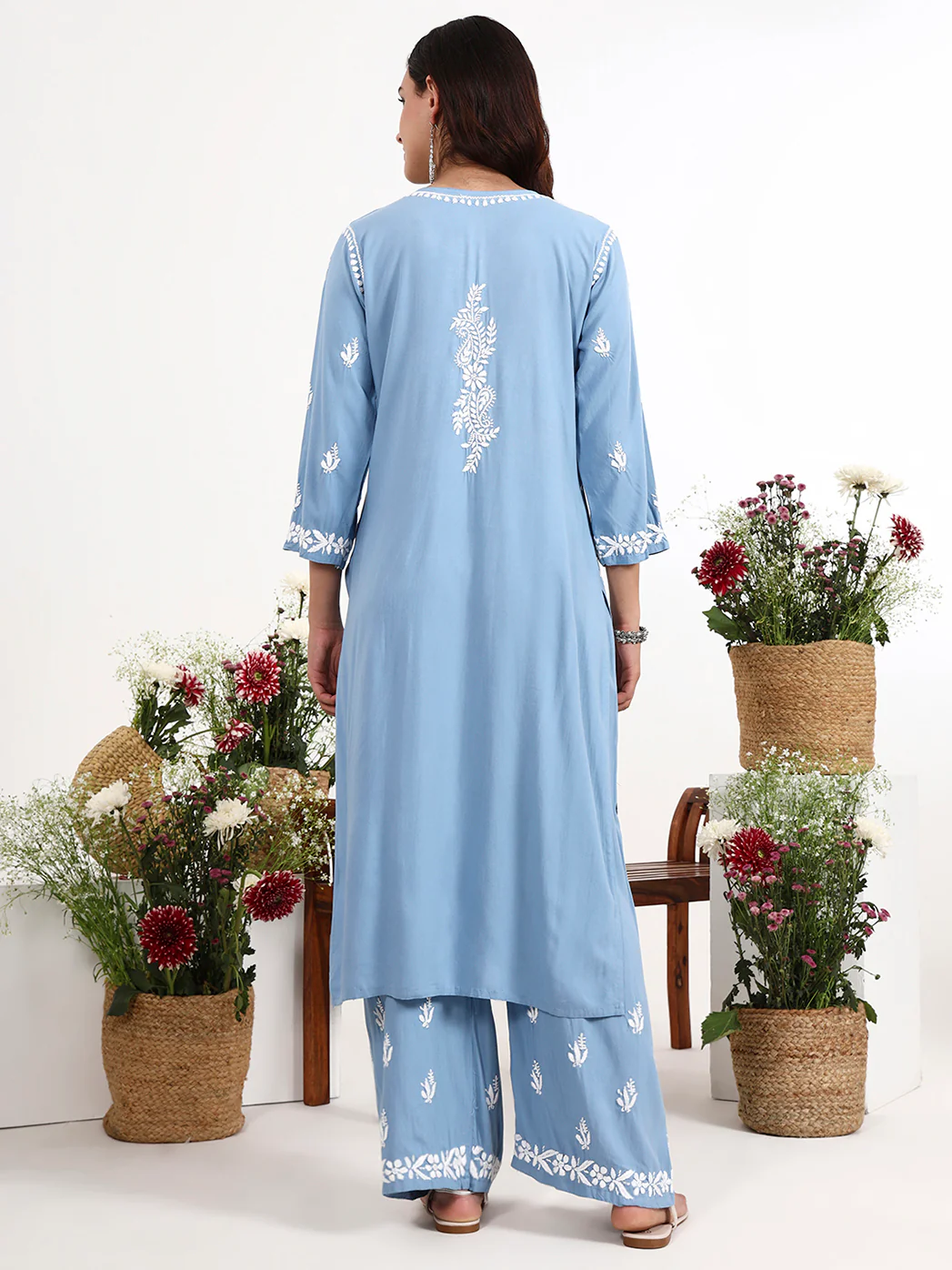 Arushi Rayon Chikankari Kurti Palazzo Set - Powder Blue - Image 3