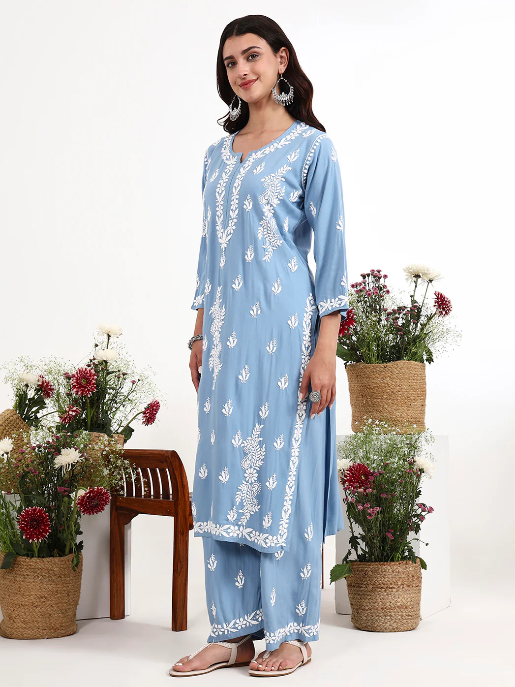 Arushi Rayon Chikankari Kurti Palazzo Set - Powder Blue - Image 4