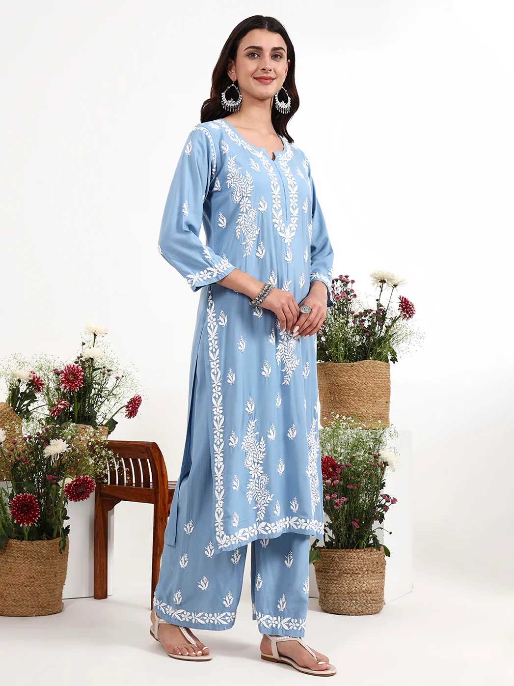 Arushi Rayon Chikankari Kurti Palazzo Set - Powder Blue - Image 5