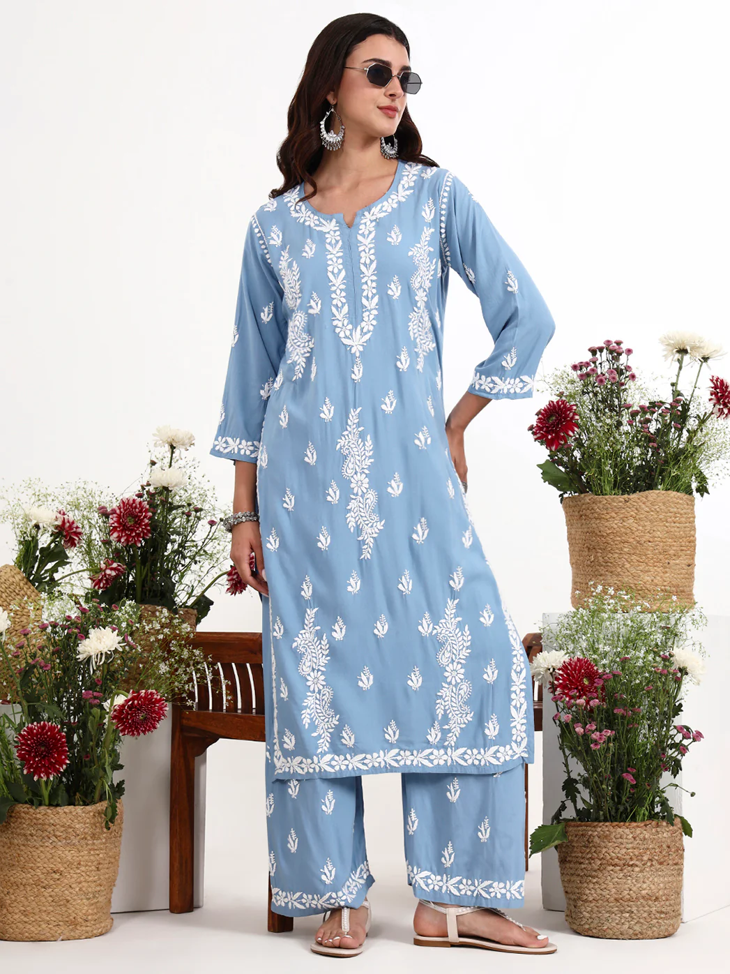 Arushi Rayon Chikankari Kurti Palazzo Set - Powder Blue - Image 6
