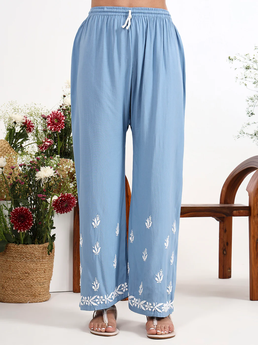 Arushi Rayon Chikankari Kurti Palazzo Set - Powder Blue - Image 7