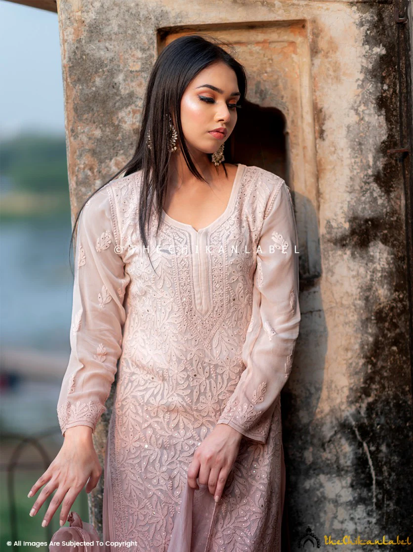 Asha Negi Sitara Chikankari Viscose Kurta Set with Dupatta - Mocha Ombre - Image 3
