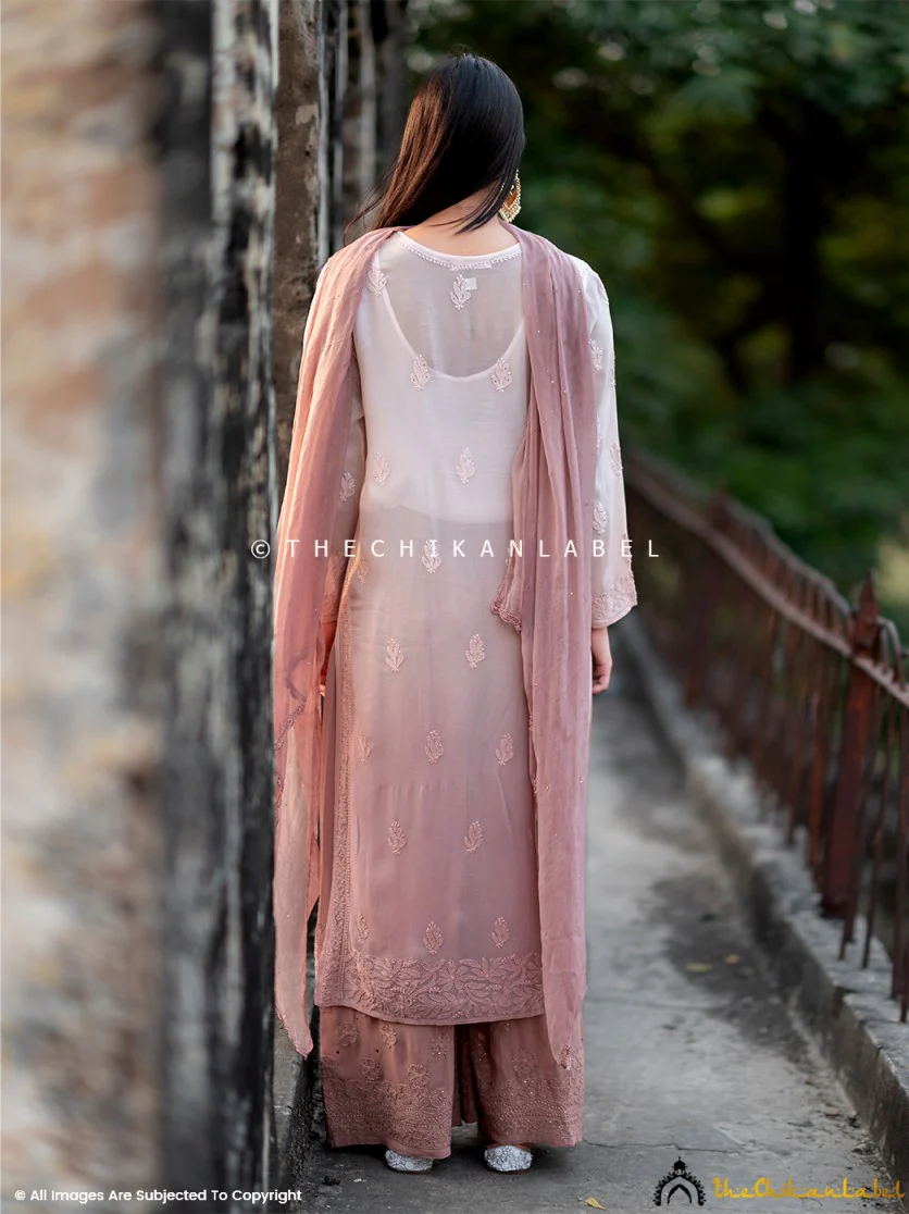Asha Negi Sitara Chikankari Viscose Kurta Set with Dupatta - Mocha Ombre - Image 4