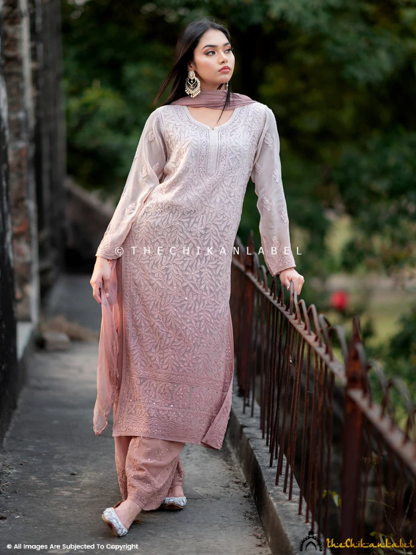 Asha Negi Sitara Chikankari Viscose Kurta Set with Dupatta - Mocha Ombre - Image 5