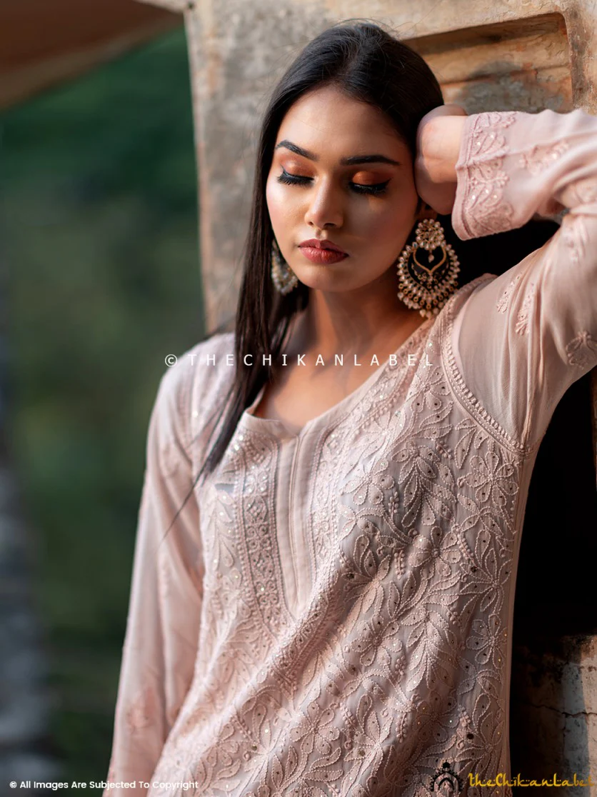 Asha Negi Sitara Chikankari Viscose Kurta Set with Dupatta - Mocha Ombre - Image 6