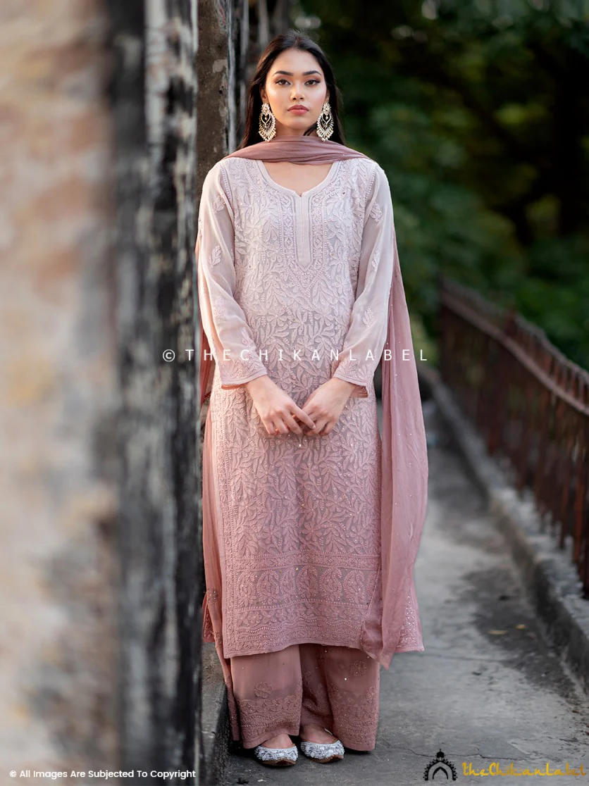 Asha Negi Sitara Chikankari Viscose Kurta Set with Dupatta - Mocha Ombre - Image 7