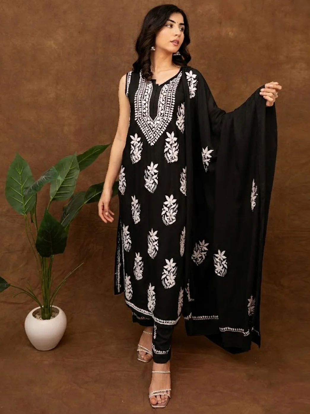 Ashvi Modal Chikankari Sleeveless Kurta Set with Dupatta - Black - Image 3