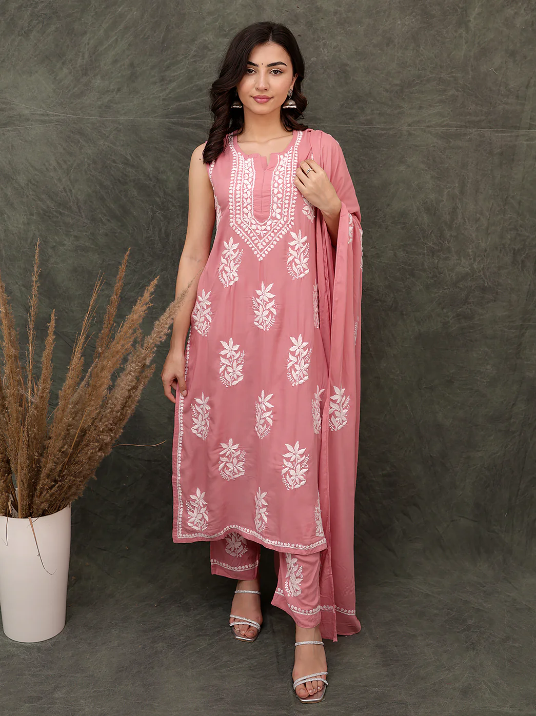 Ashvi Modal Chikankari Sleeveless Kurta Set with Dupatta - Coral - Image 3