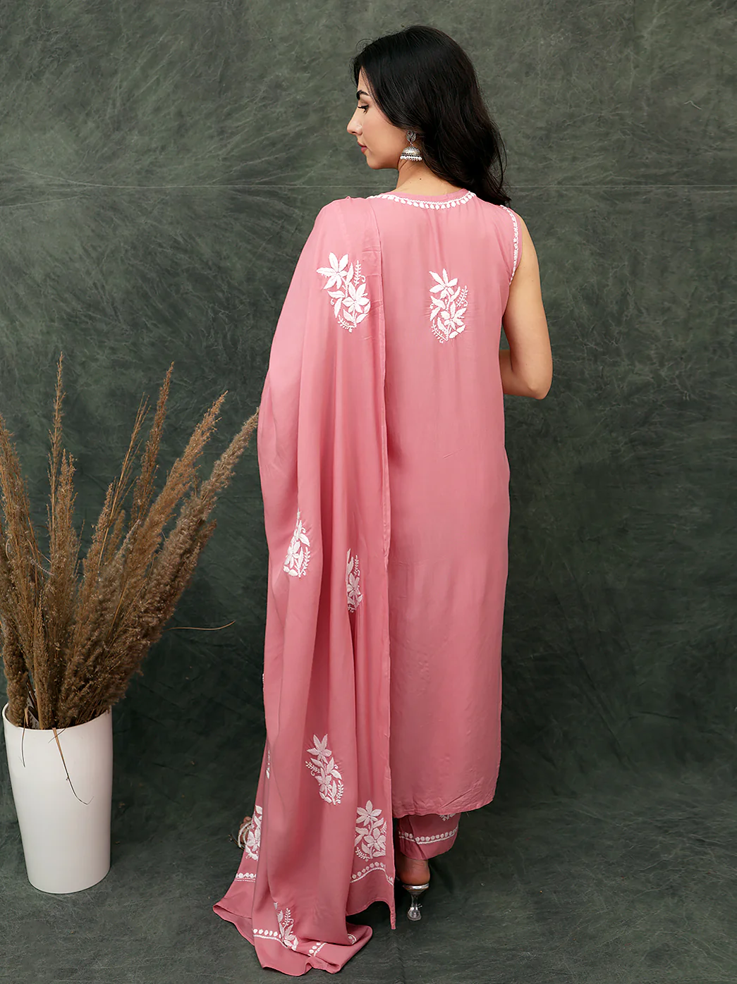 Ashvi Modal Chikankari Sleeveless Kurta Set with Dupatta - Coral - Image 4