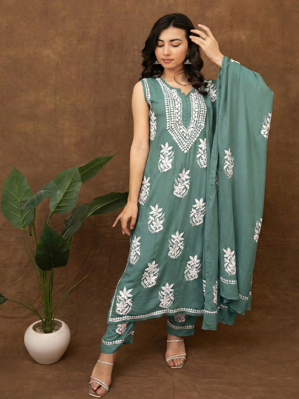 Ashvi Modal Chikankari Sleeveless Kurta Set with Dupatta - Green - Image 4