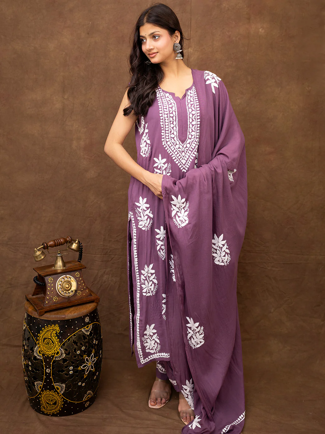 Ashvi Modal Chikankari Sleeveless Kurta Set with Dupatta - Mauve - Image 10