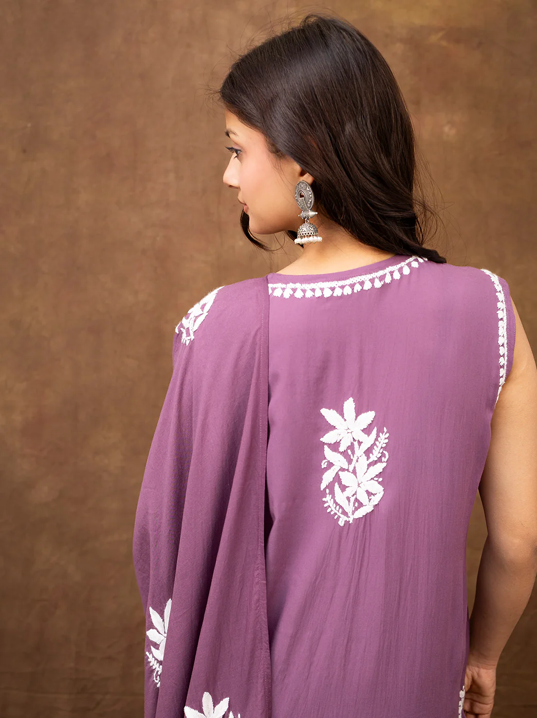 Ashvi Modal Chikankari Sleeveless Kurta Set with Dupatta - Mauve - Image 11