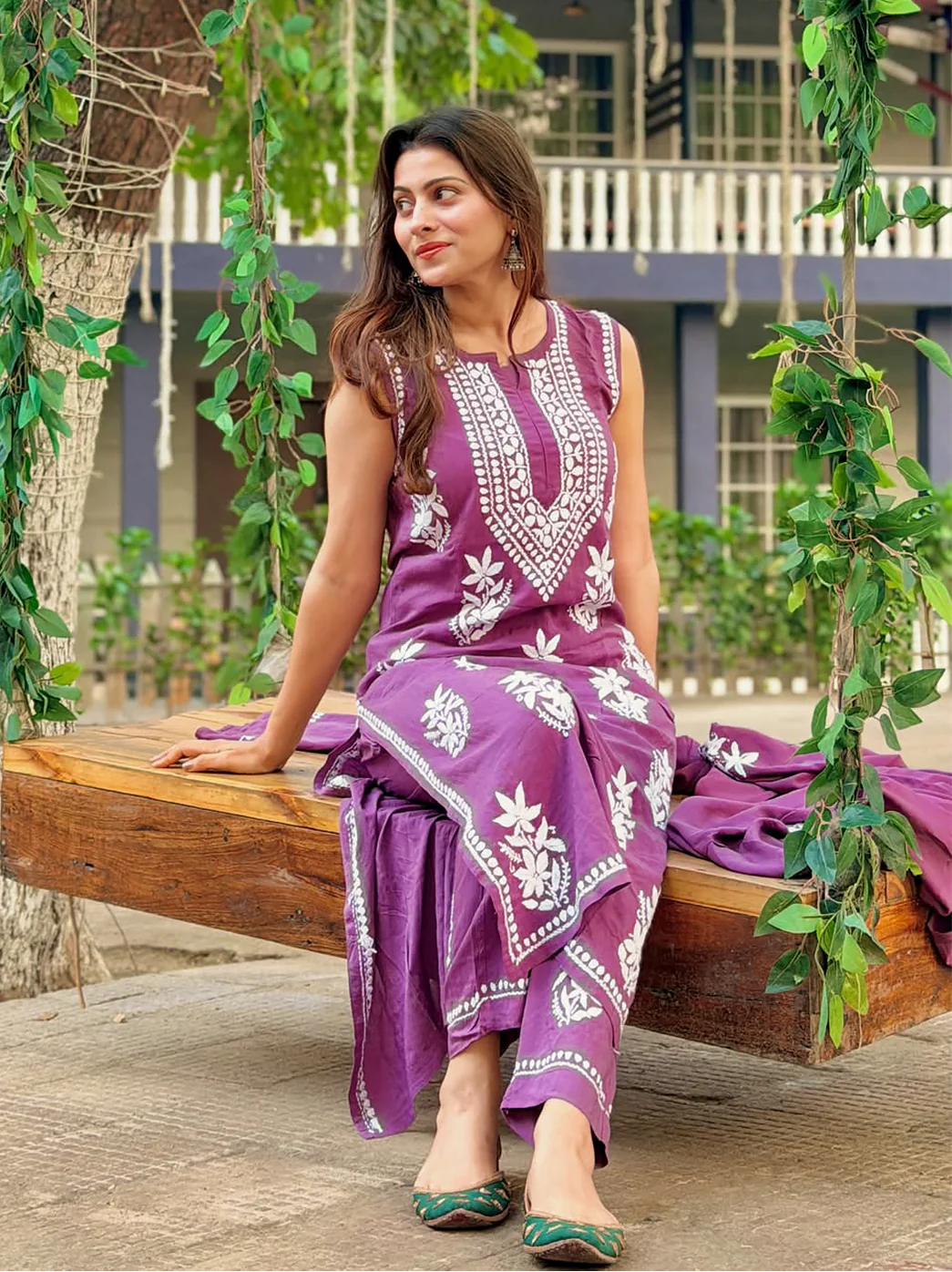 Ashvi Modal Chikankari Sleeveless Kurta Set with Dupatta - Mauve - Image 5