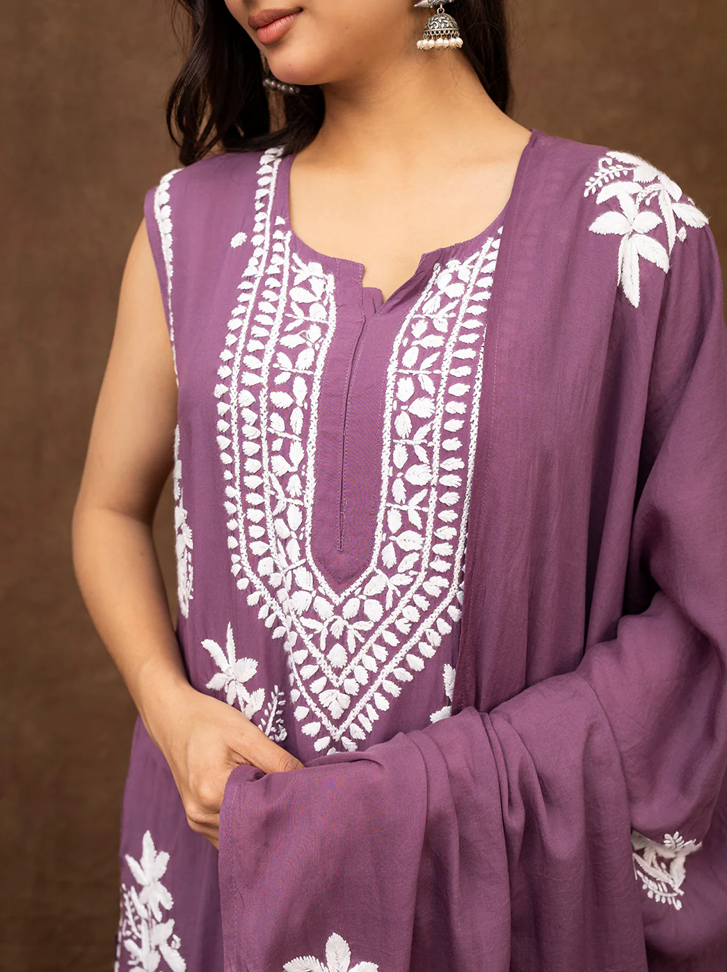 Ashvi Modal Chikankari Sleeveless Kurta Set with Dupatta - Mauve - Image 6