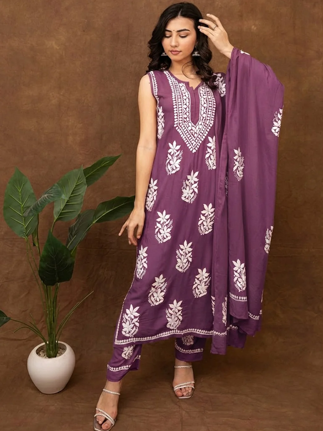 Ashvi Modal Chikankari Sleeveless Kurta Set with Dupatta - Mauve - Image 7