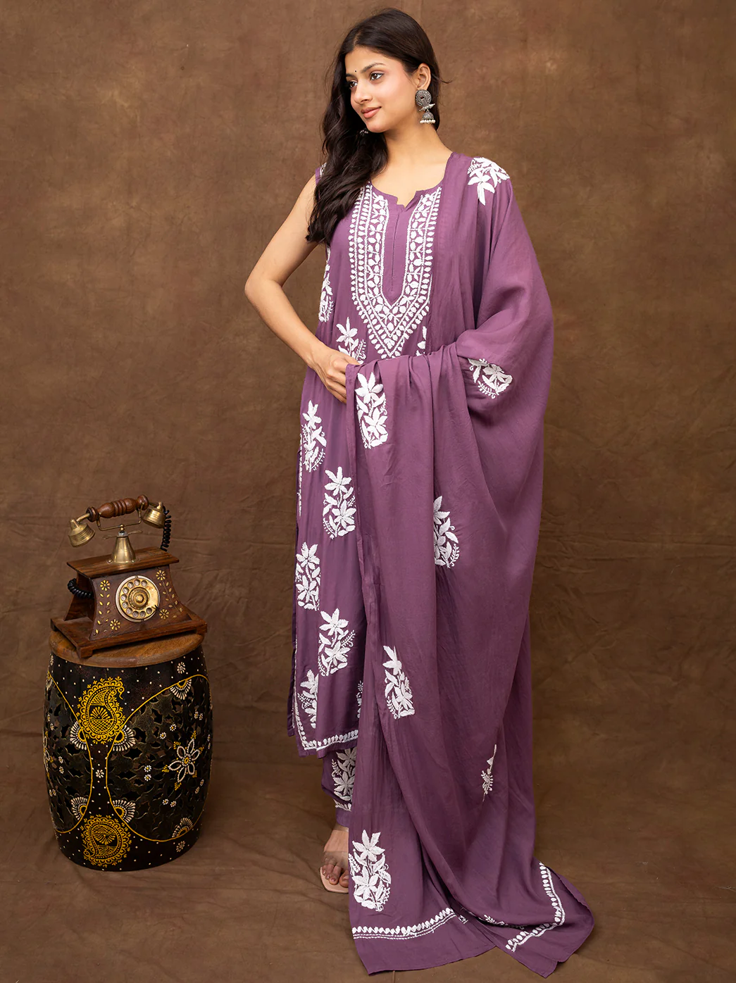 Ashvi Modal Chikankari Sleeveless Kurta Set with Dupatta - Mauve - Image 8