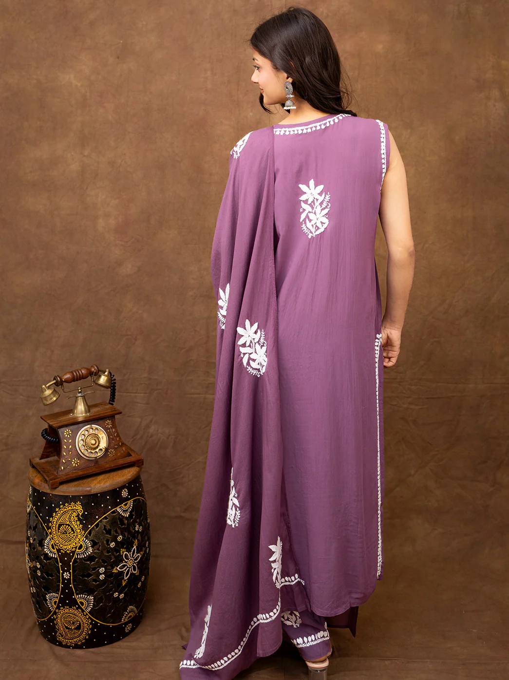Ashvi Modal Chikankari Sleeveless Kurta Set with Dupatta - Mauve - Image 9