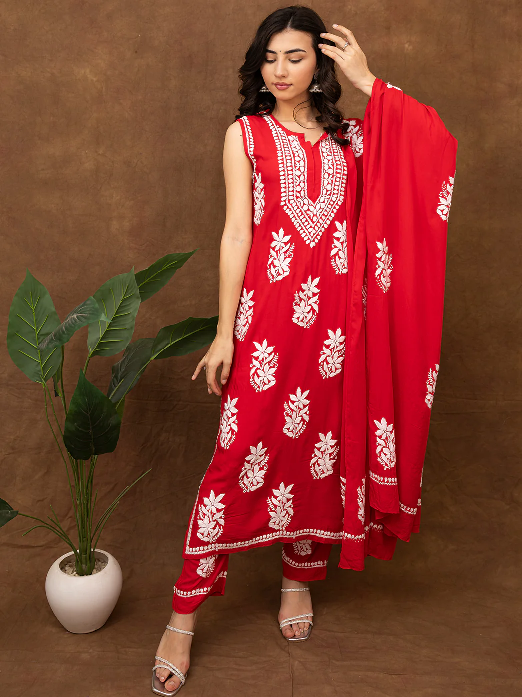 Ashvi Modal Chikankari Sleeveless Kurta Set with Dupatta - Red - Image 3