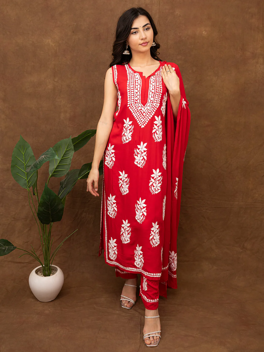 Ashvi Modal Chikankari Sleeveless Kurta Set with Dupatta - Red - Image 5