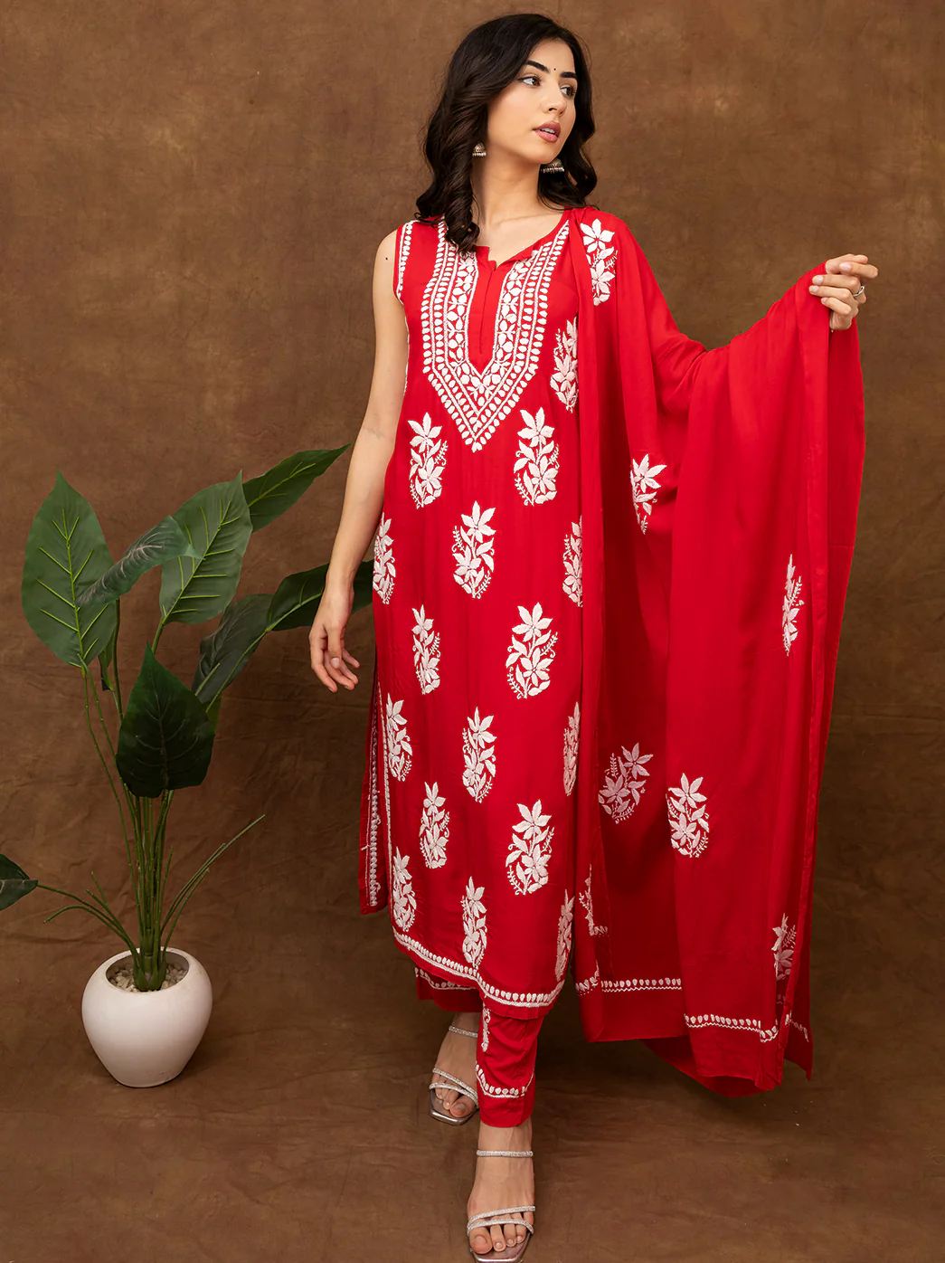 Ashvi Modal Chikankari Sleeveless Kurta Set with Dupatta - Red - Image 6