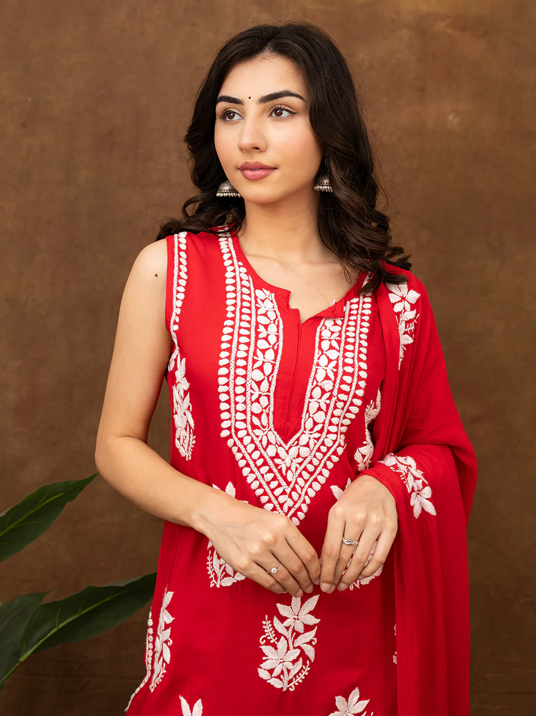 Ashvi Modal Chikankari Sleeveless Kurta Set with Dupatta - Red - Image 7