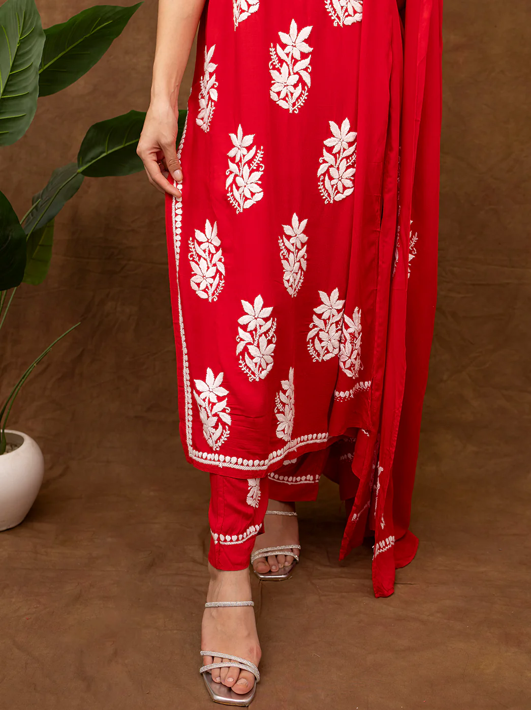 Ashvi Modal Chikankari Sleeveless Kurta Set with Dupatta - Red - Image 8
