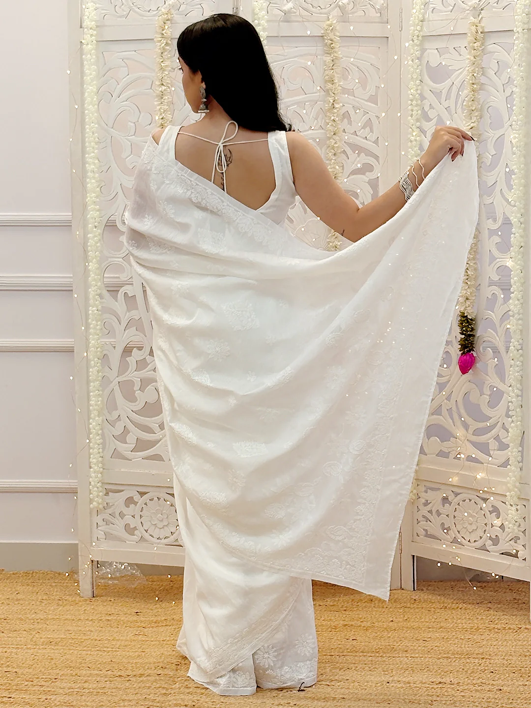 Aviya Chanderi Chikankari Saree - White - Image 3