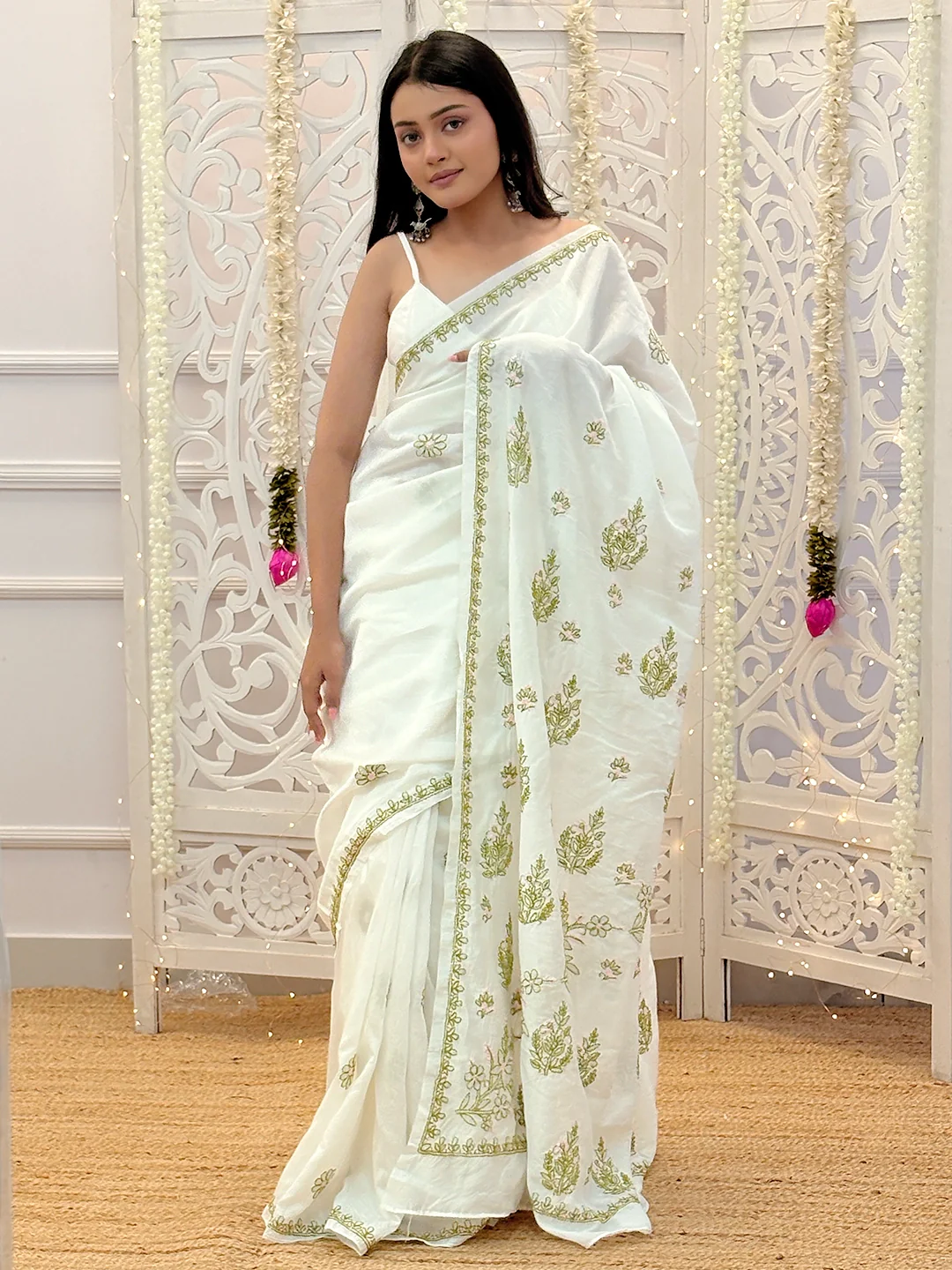 Aviya Chanderi Chikankari Saree - White On Green - Image 4