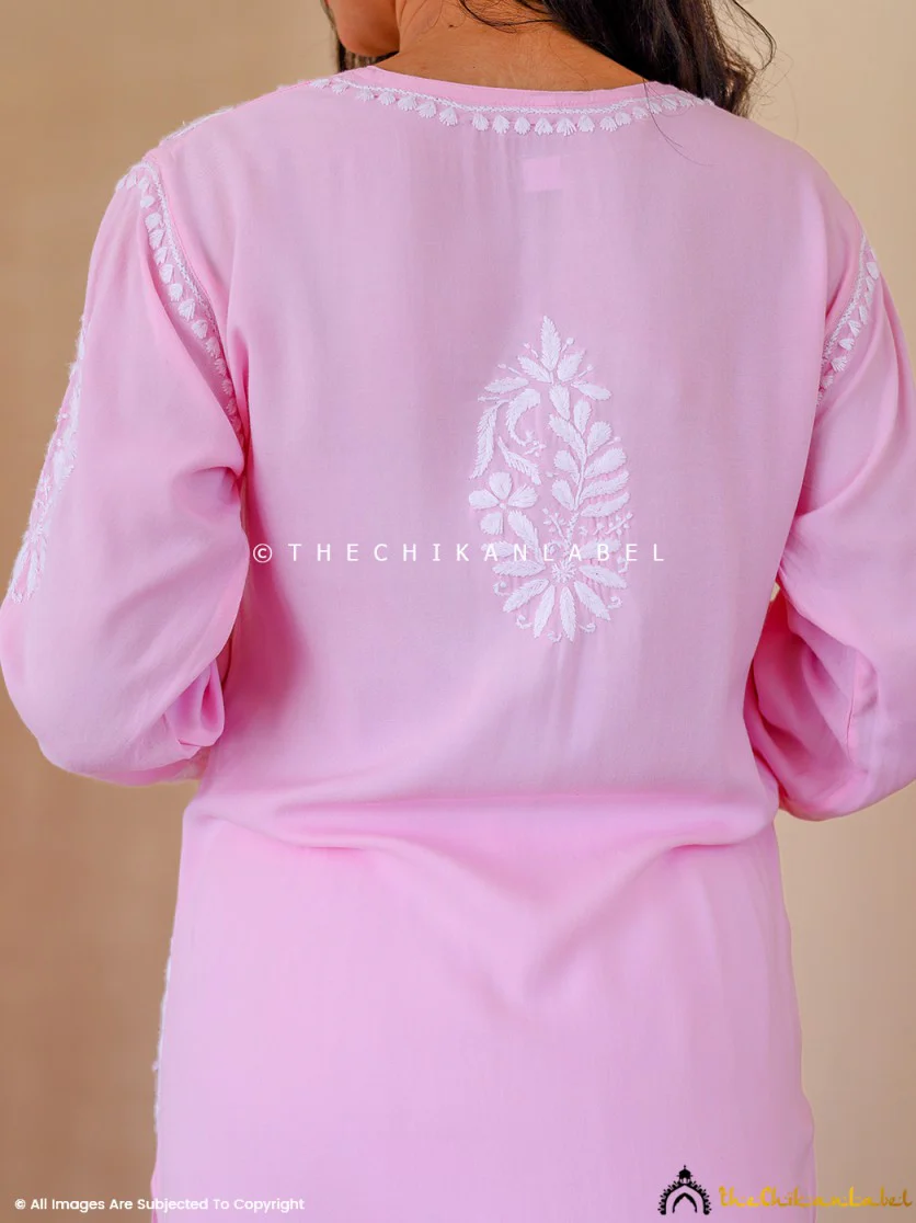 Baby Pink Aiman Rayon Chikankari Straight Kurti - Image 3