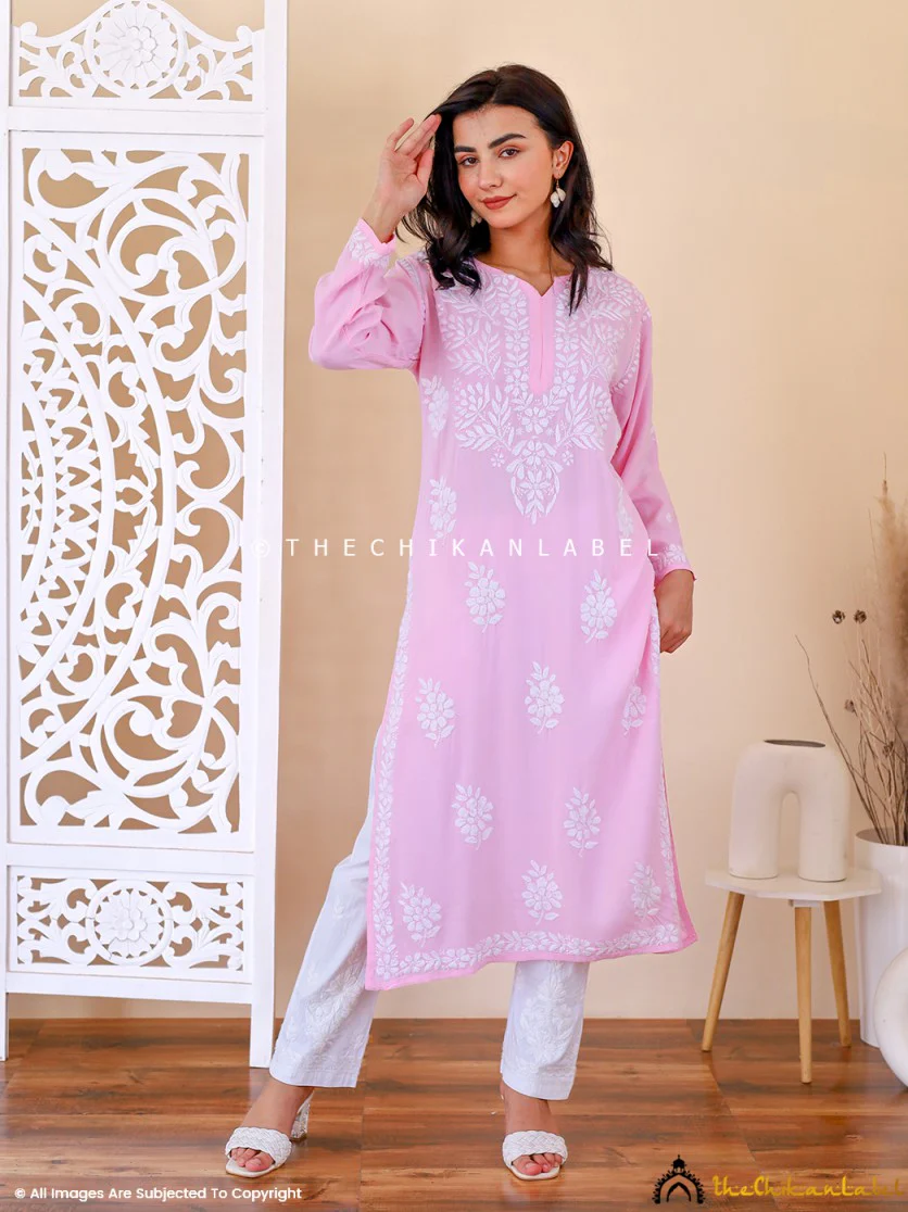 Baby Pink Aiman Rayon Chikankari Straight Kurti - Image 4