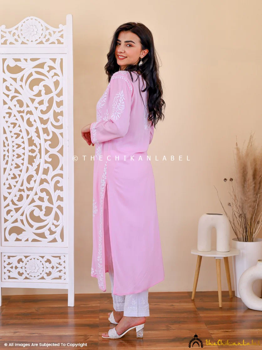 Baby Pink Aiman Rayon Chikankari Straight Kurti - Image 5