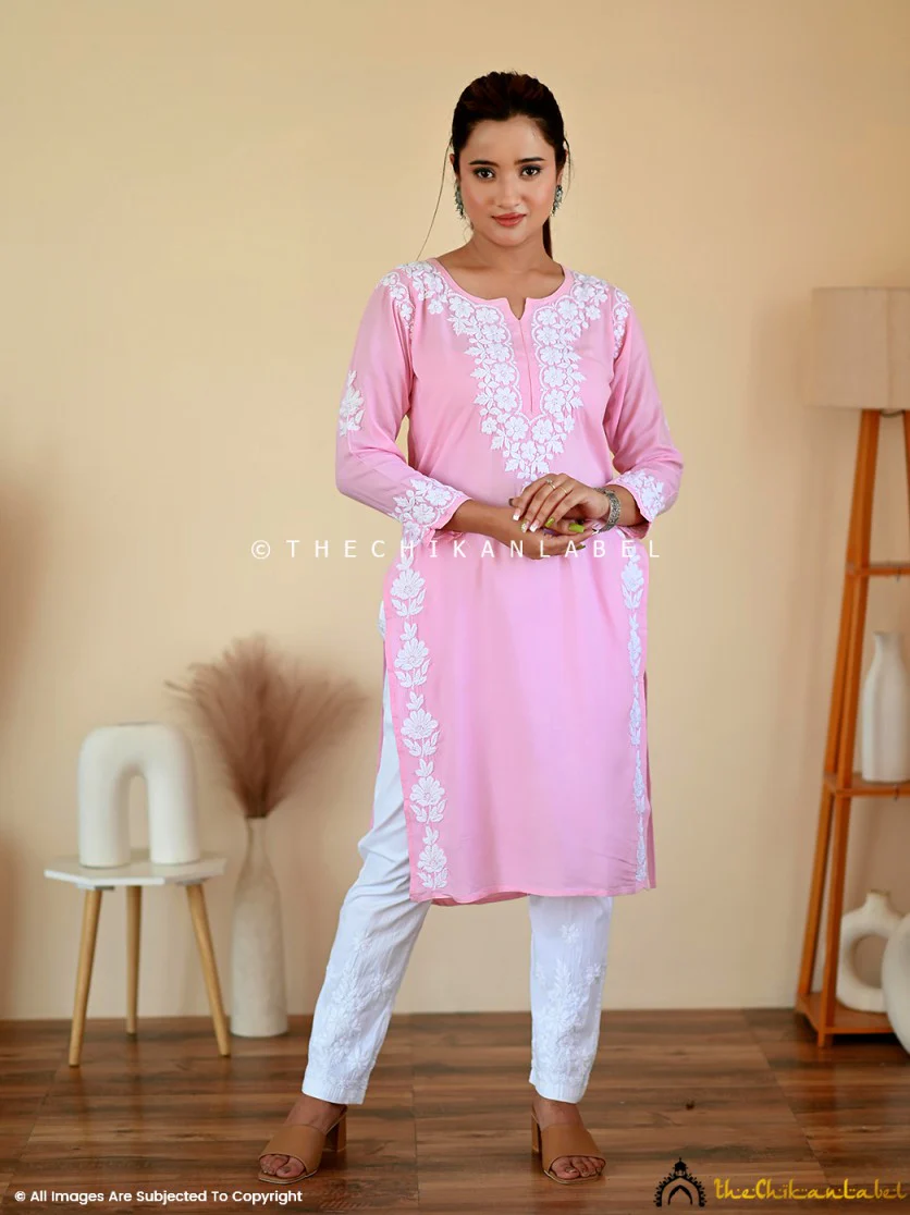 Aisha Rayon Chikankari Straight Kurti - Baby Pink