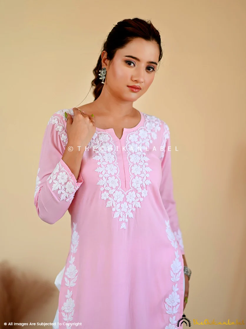 Aisha Rayon Chikankari Straight Kurti - Baby Pink - Image 2