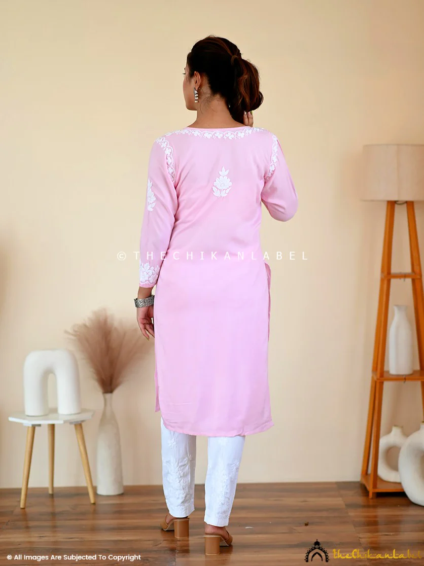 Aisha Rayon Chikankari Straight Kurti - Baby Pink - Image 3