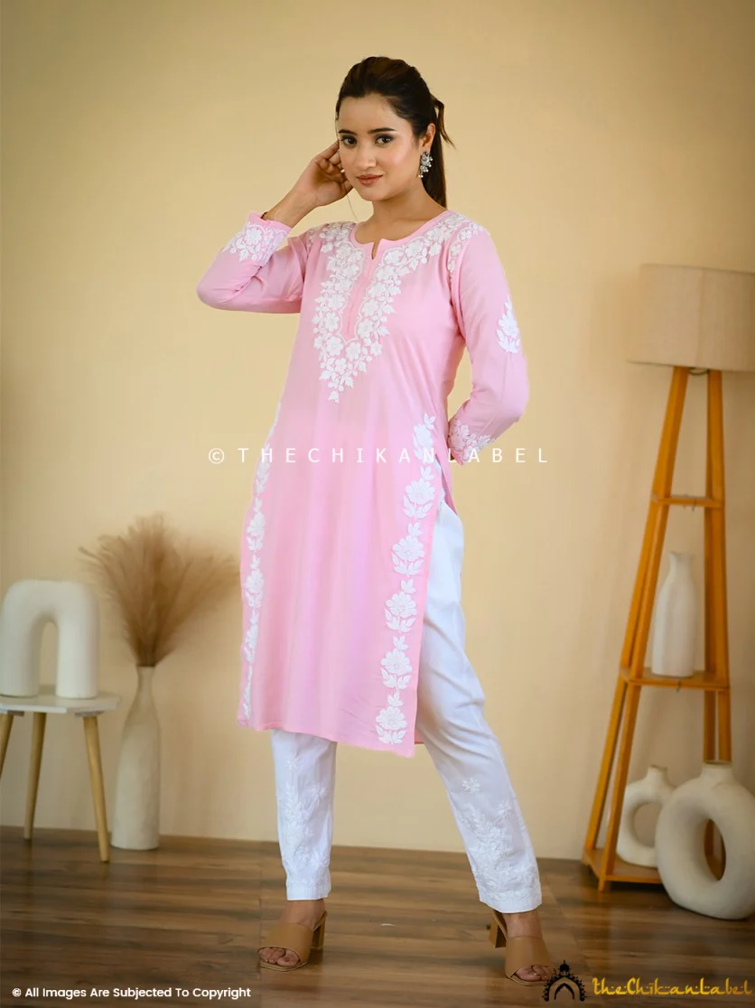 Aisha Rayon Chikankari Straight Kurti - Baby Pink - Image 4