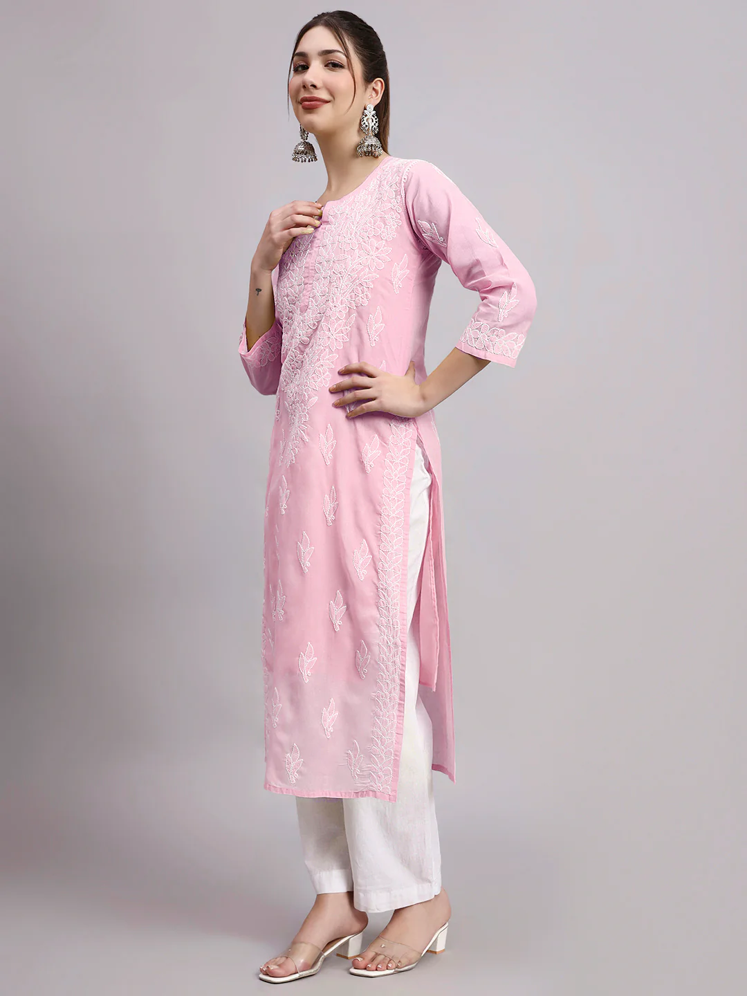 Baby Pink Layla Cotton Chikankari Straight Kurti with inner - Image 4