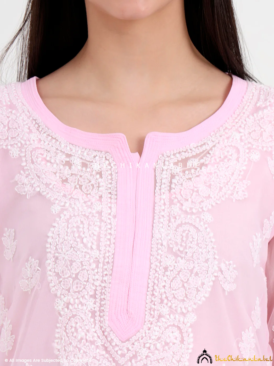 Mahak Georgette Chikankari Straight Kurti with Inner - Baby Pink - Image 2