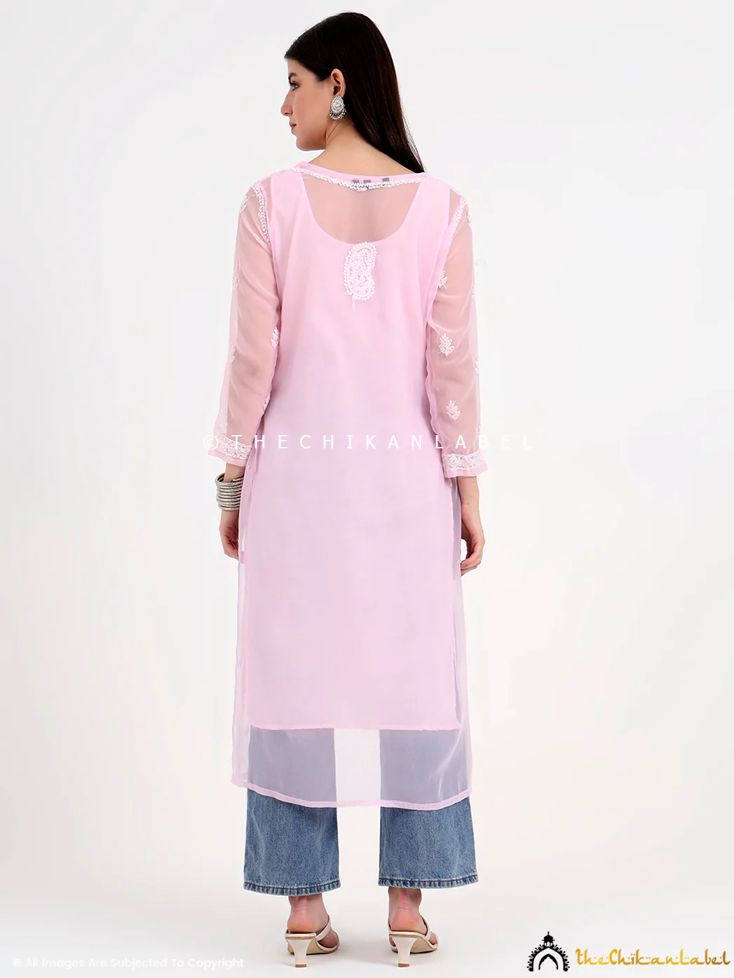 Mahak Georgette Chikankari Straight Kurti with Inner - Baby Pink - Image 3