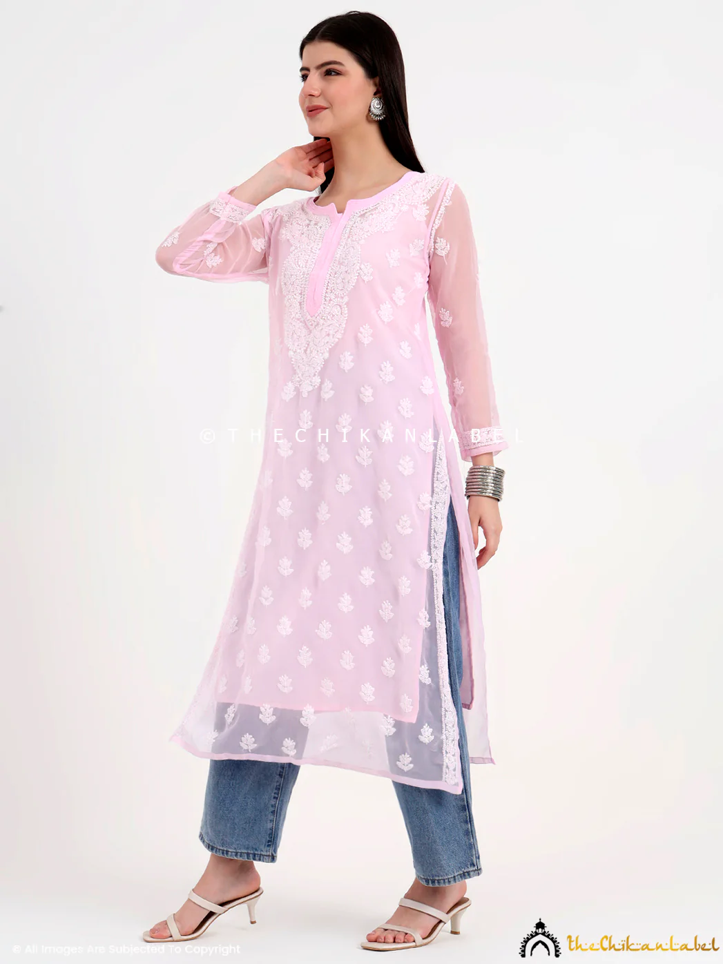 Mahak Georgette Chikankari Straight Kurti with Inner - Baby Pink - Image 4