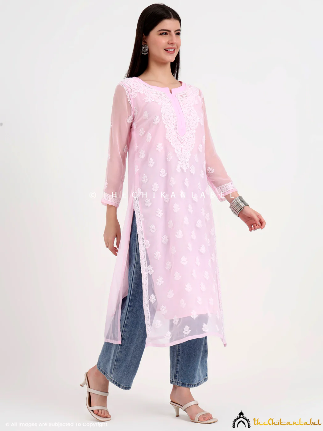 Mahak Georgette Chikankari Straight Kurti with Inner - Baby Pink - Image 5